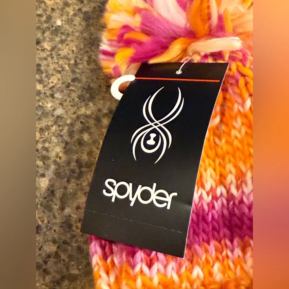 NEW Spyder Cute Multicolor Knit Soft Beanie with Pom-Pom - PINK, ORANGE & WHITE